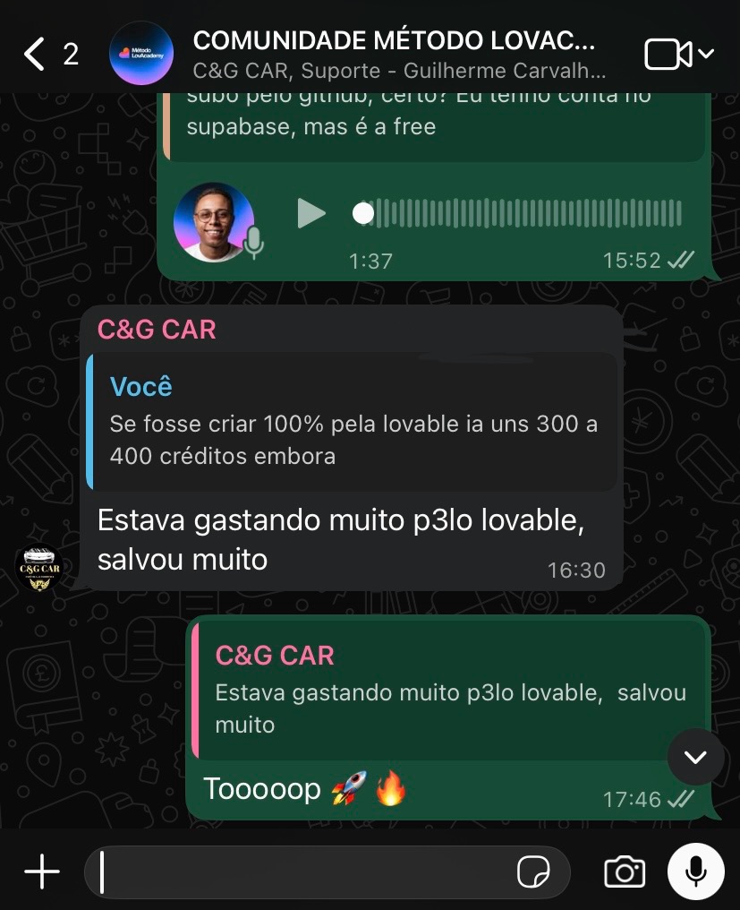 Depoimento no WhatsApp dizendo que o método salvou muitos créditos na Lovable