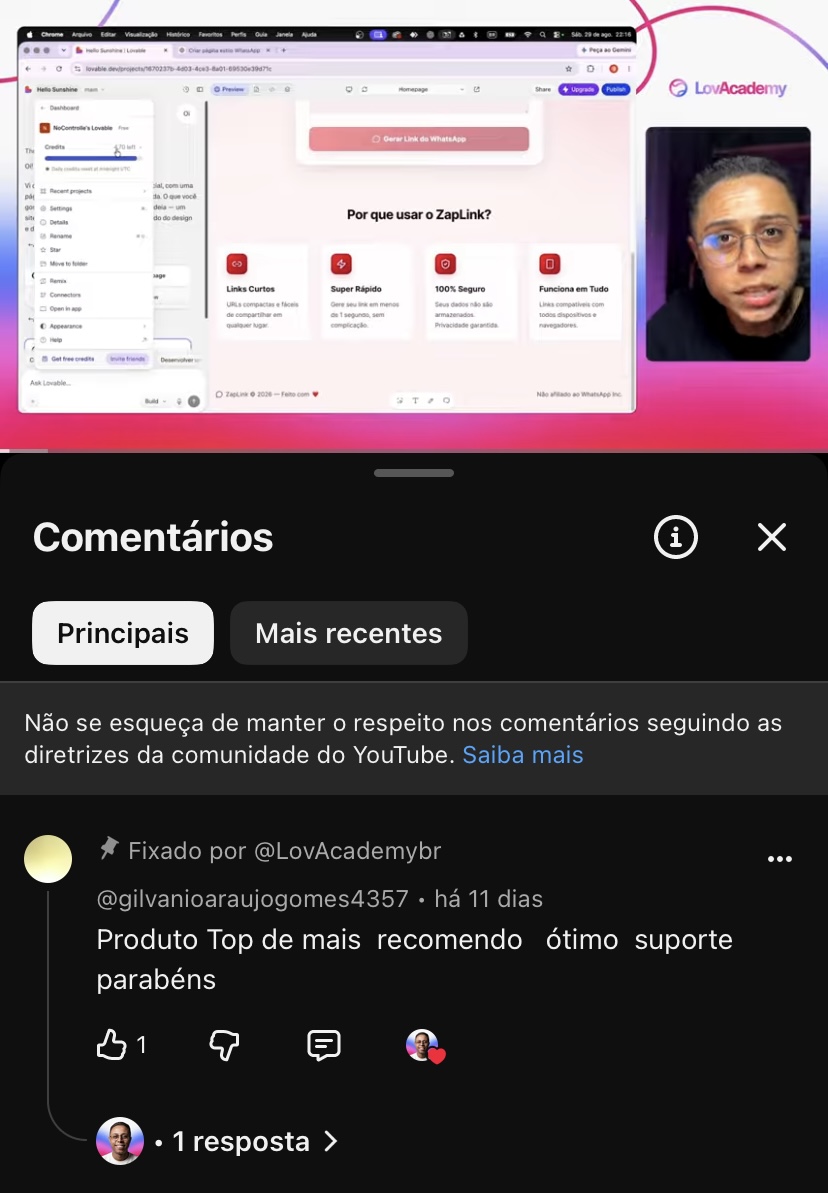 Comentário no YouTube recomendando o produto e elogiando o suporte